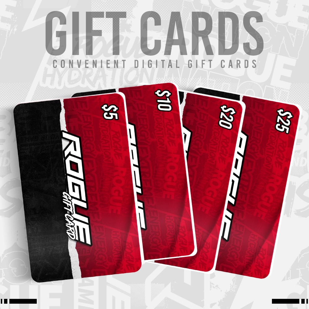 Rogue Energy gaming drink, digital gift cards