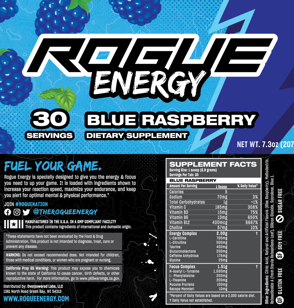 Rogue Energy Blue Raspberry Gaming Drink Supplement Facts Panel