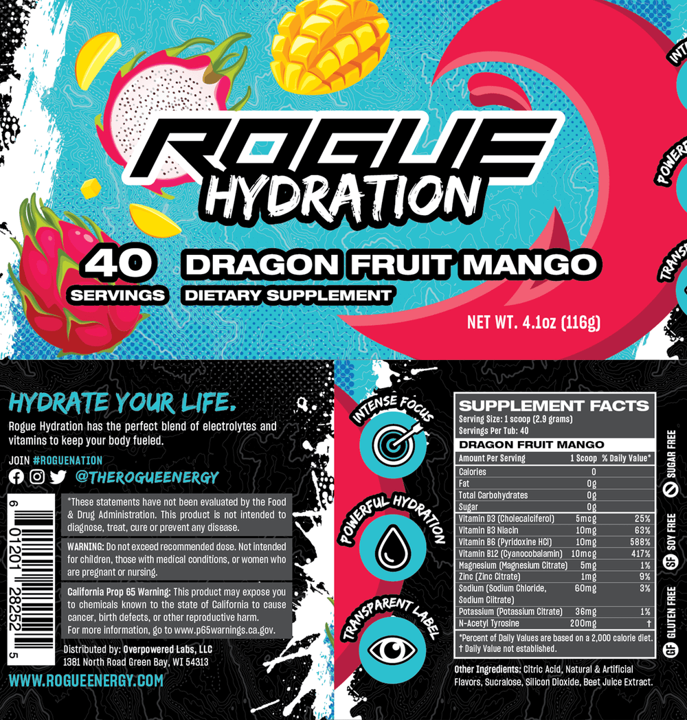 Rogue Hydration Dragon Fruit Mango Gaming Drink Supplement Facts Panel