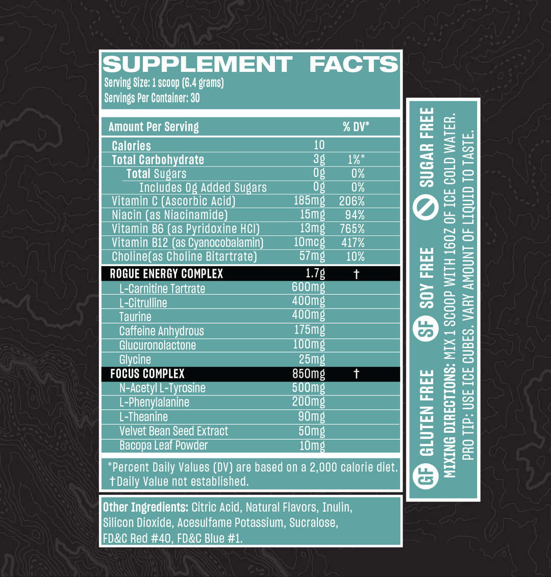 Rogue Energy Gaming Drink Dragon Fruit Lemonade Nutriton Facts Panel Supplement Facts