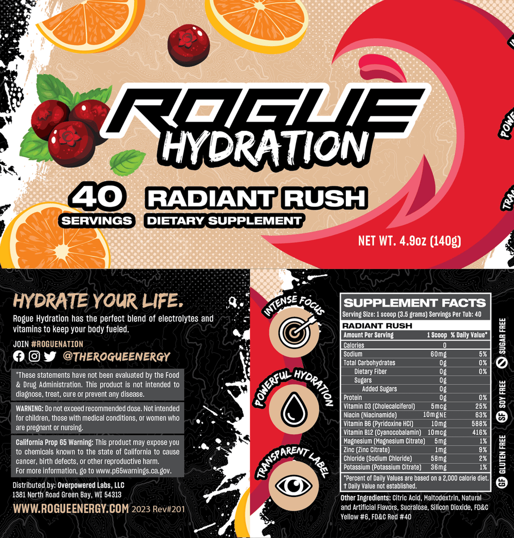 Rogue Hydration Gamer Drink Radiant Rush Tub Nutrition Facts And Label