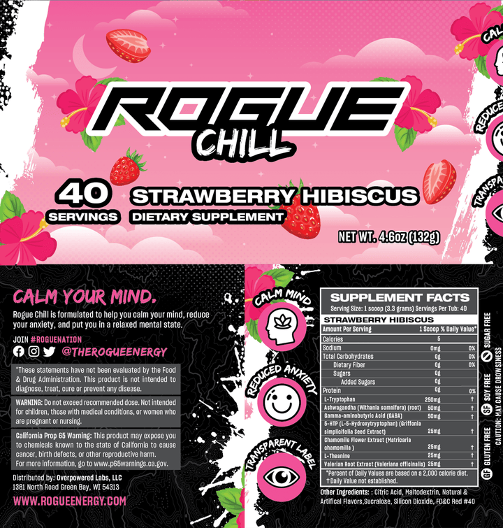 Rogue Chill Gaming Drink Strawberry Hibiscus Tub Label And Supplement Facts