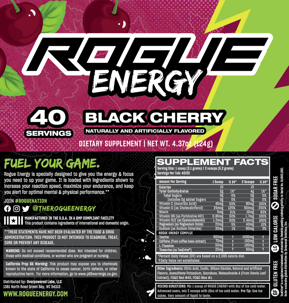 Rogue Energy Black Cherry Gaming Drink Nutrition Supplement Facts Panel