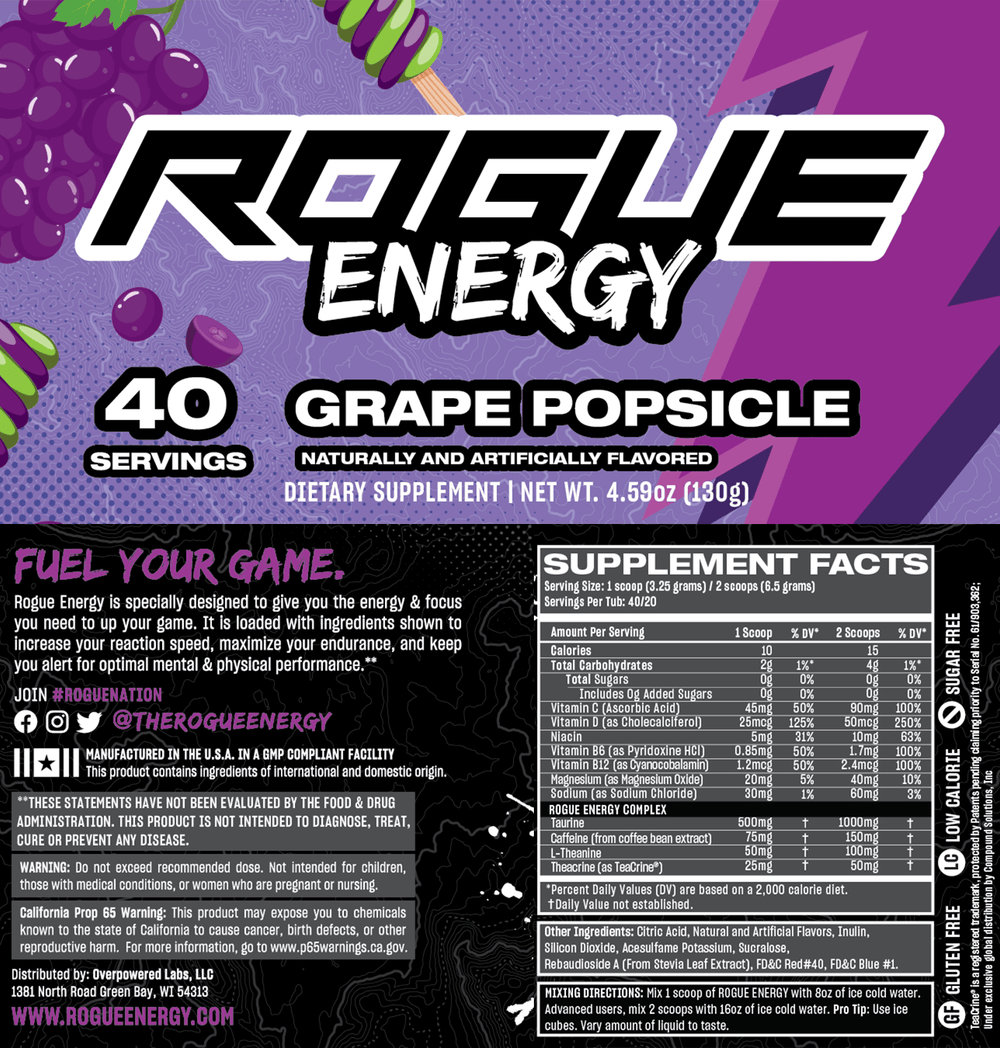 Rogue Energy Gaming Drink Grape Popsicle Nutrition Facts Panel