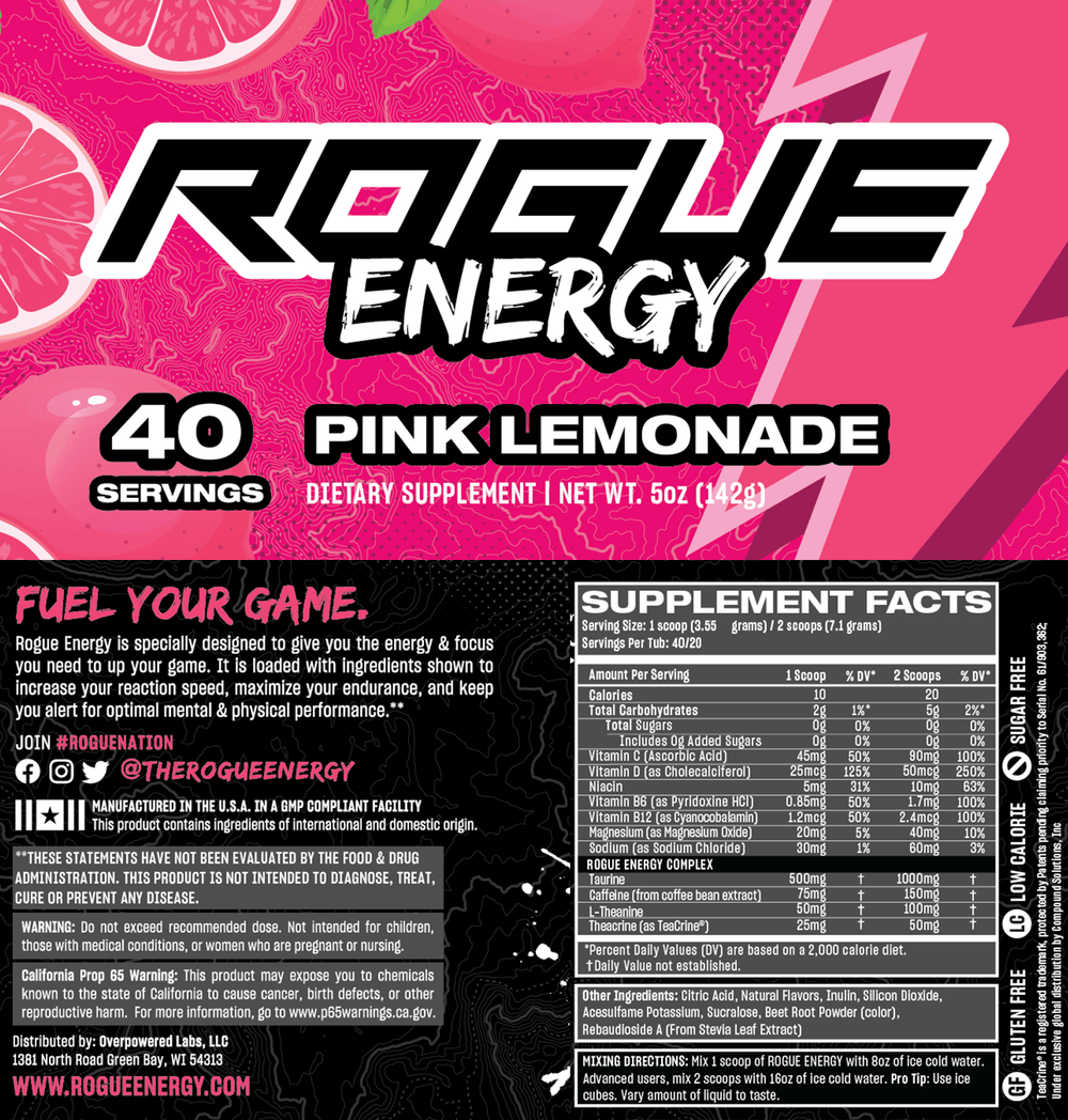 Rogue Energy Gaming Drink Pink Lemonade Nutrition Facts Panel