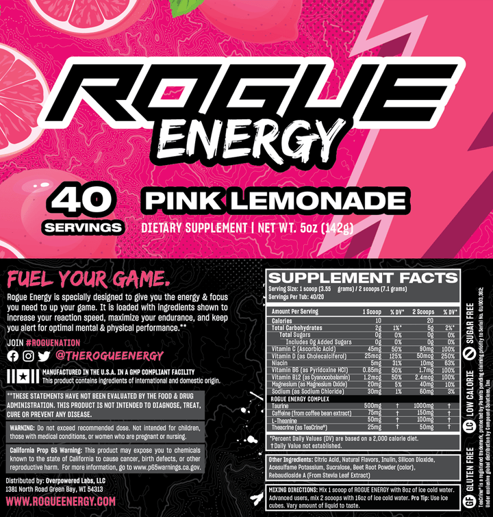 Rogue Energy Gaming Drink Pink Lemonade Nutrition Facts Panel