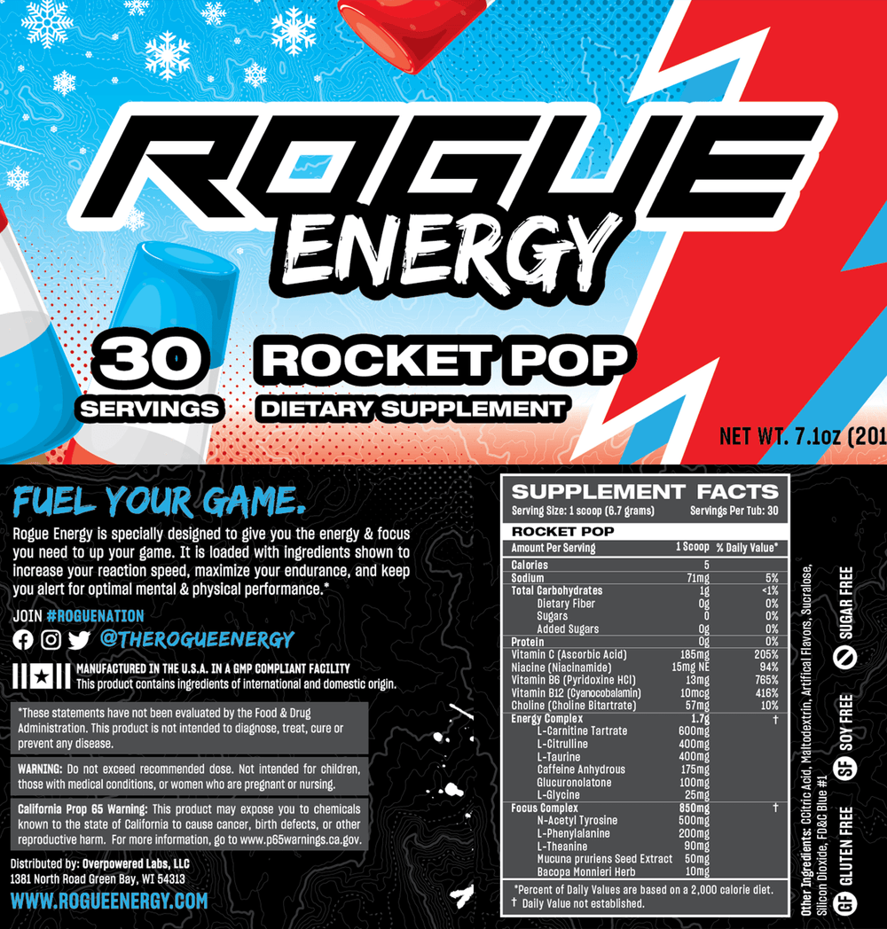 Rogue Energy Gamer Drink Rocket Pop Tub Label And Nutrition Facts