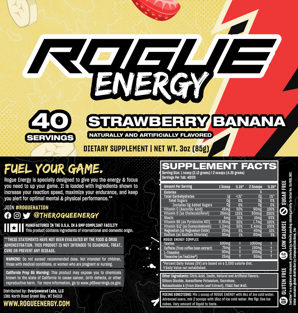 Rogue Energy Gaming Drink Strawberry Banana Tub Label And Nutrition Facts