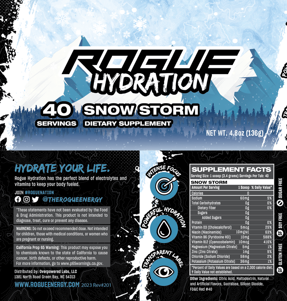 Rogue Hydration Gamer Drink Snow Storm Tub Label And Nutrition Facts
