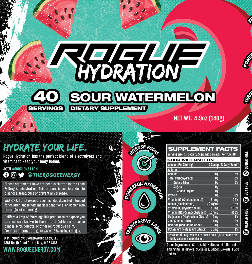 Rogue Hydration Gamer Drink Sour Watermelon Tub Label And Supplement Facts
