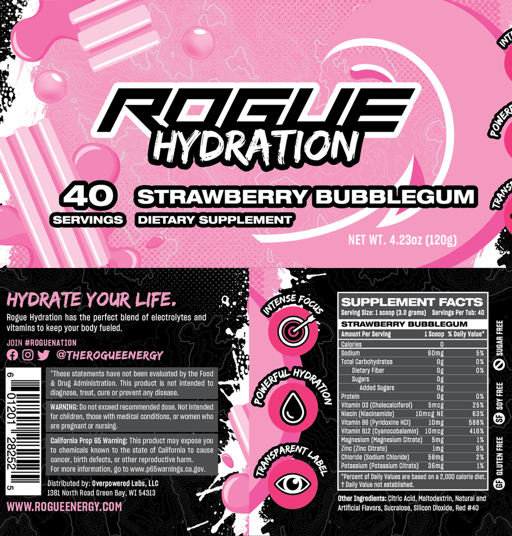 Rogue Hydration Gamer Drink Strawberry Bubblegum Tub Label And Supplement Facts