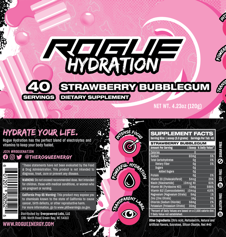 Rogue Hydration Gamer Drink Strawberry Bubblegum Tub Label And Supplement Facts