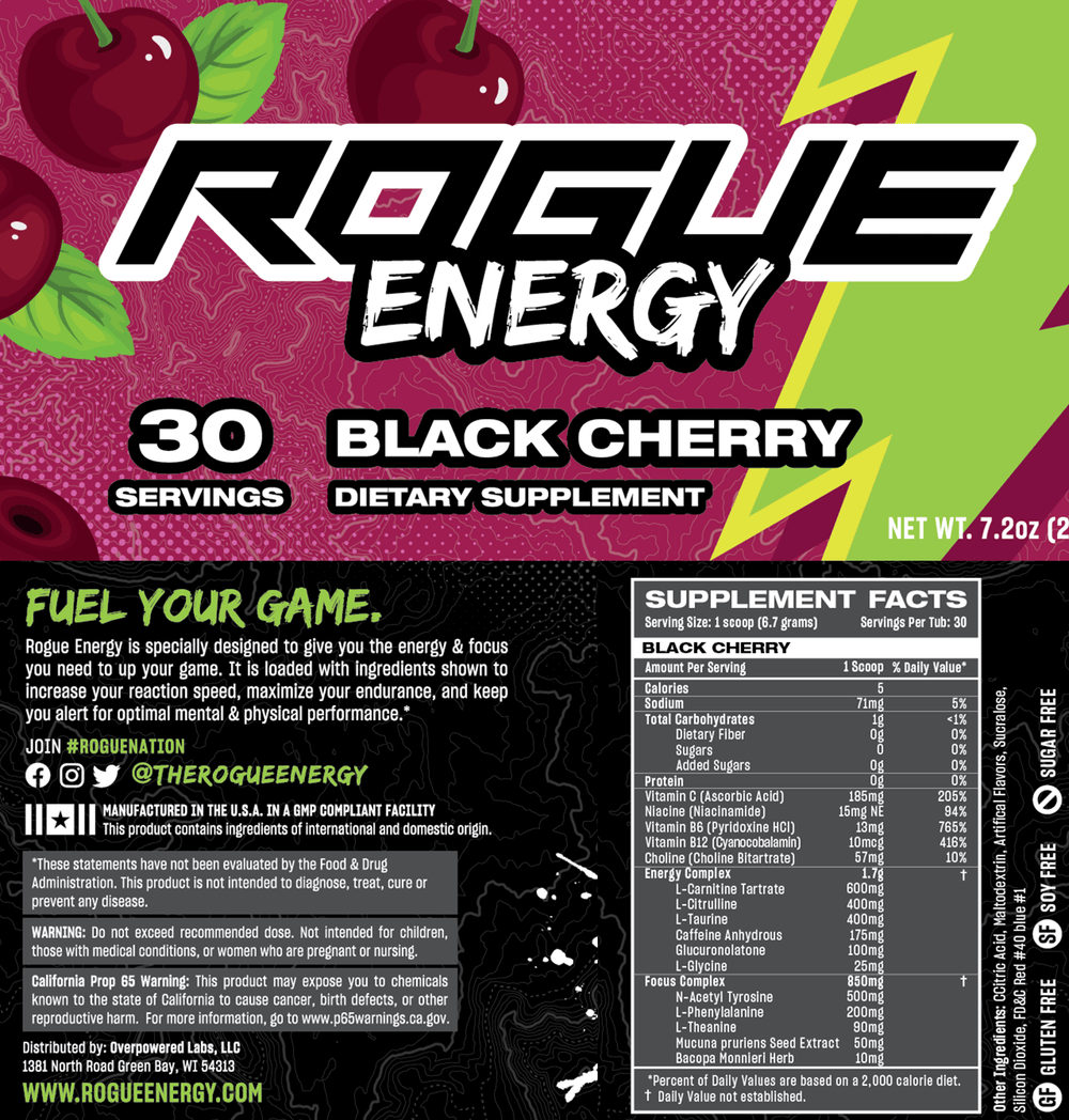 Rogue Energy Gaming Energy Drink Black Cherry 30 Serving Tub Label And Supplement Facts