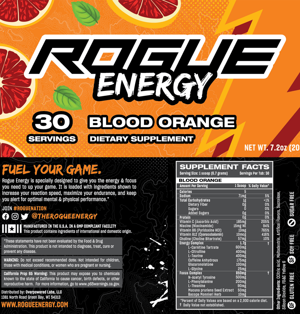 Rogue Energy Gaming Energy Drink Blood Orange 30 Serving Tub Label And Supplement Facts