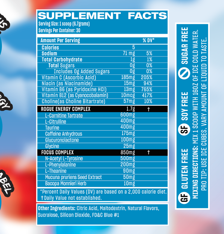 rogue energy rocket pop gaming drink. zero sugar, great tasting, alternative to gfuel with a superior gamer energy drink formula