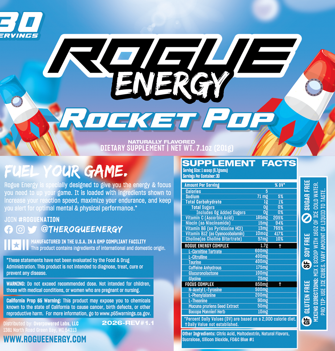 rogue energy rocket pop gaming drink. zero sugar, great tasting, alternative to gfuel with a superior gamer energy drink formula