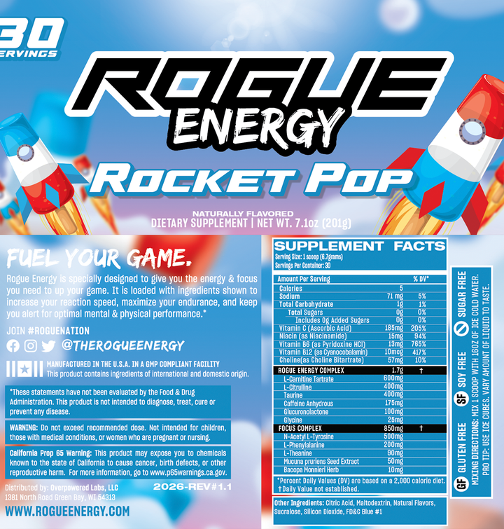rogue energy rocket pop gaming drink. zero sugar, great tasting, alternative to gfuel with a superior gamer energy drink formula