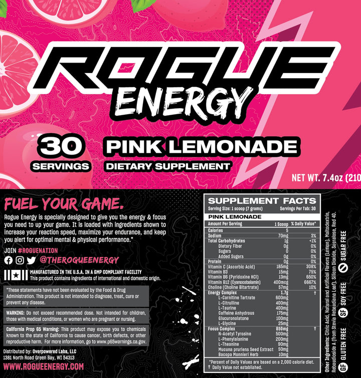 Rogue Energy Pink Lemonage Gaming Drink 30 Serving Tub Label