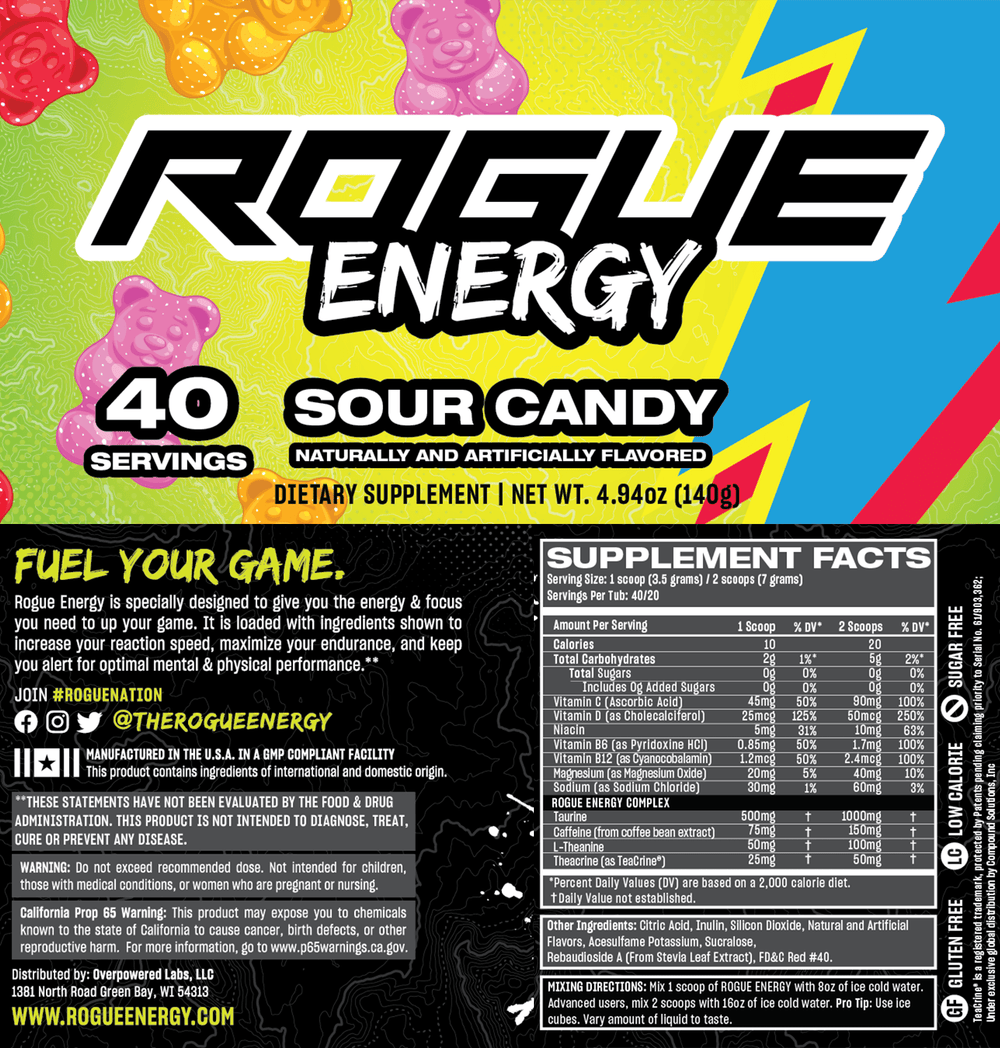 Rogue Energy Gaming Energy Drink Sour Candy Tub Label And Nutrition Facts