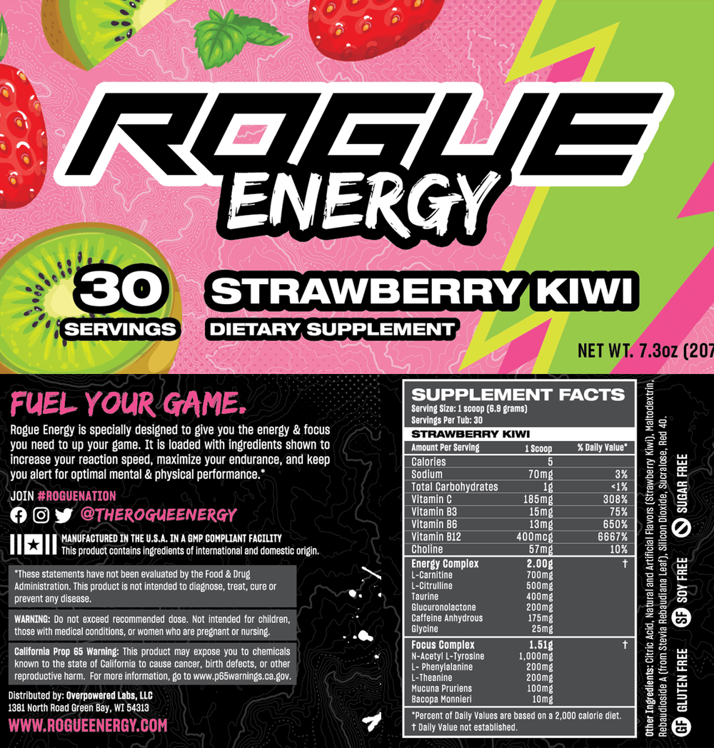 Rogue Energy Gaming Drink Strawberry Kiwi Tub Label And Supplement Facts