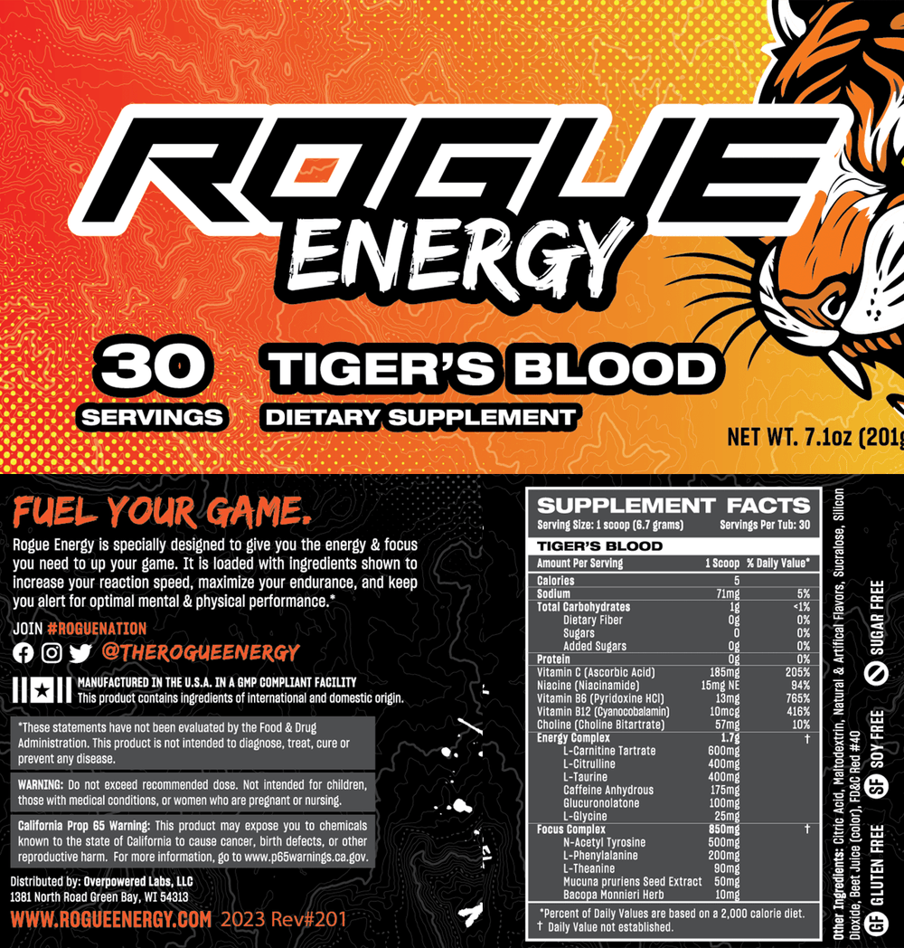 Rogue Energy Tiger's Blood Gaming Drink Tub Label And Nutrition Facts