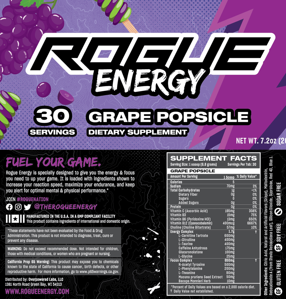 Rogue Energy Gaming Energy Drink Grape Popsicle 30 Serving Tub Label And Supplement Facts