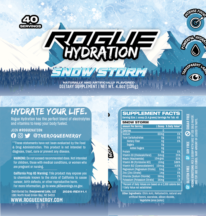 Rogue Hydration Snow Storm Electrolyte Drink Sugar Free - Nutrition Panel
