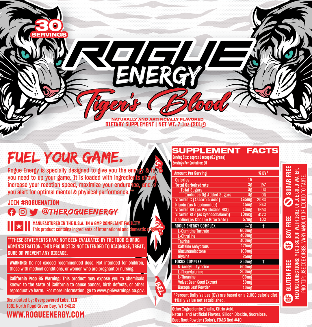 Rogue Energy Tiger's Blood Gaming Energy Drink Tub - Label