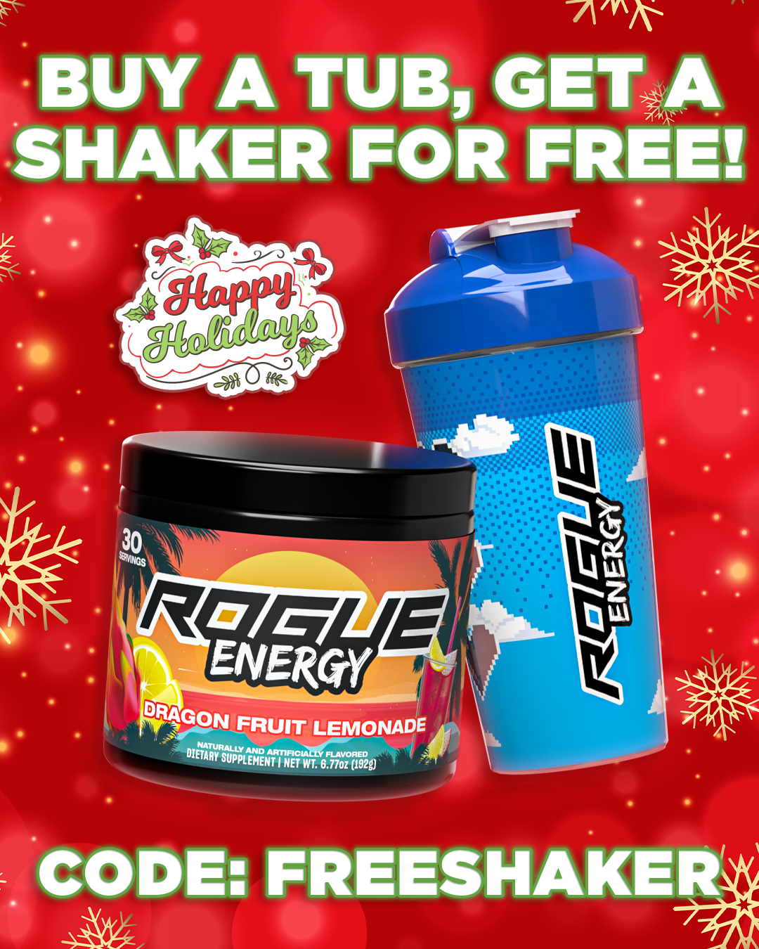 Rogue Energy Gaming Energy Drink Christmas Sale - Buy A Tub, Get A Free Shaker Holiday Deals